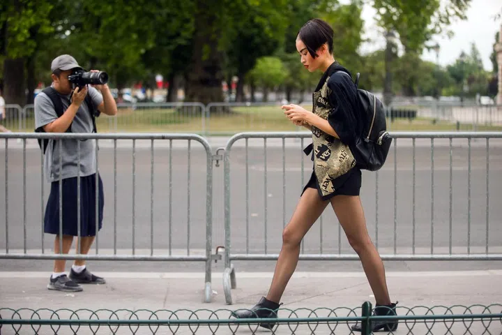 PARIS, FRANCE - JULY 07:   Model Marga Esquival is photographed by Tommy Ton outside the Chanel show at Grand Palais on July 7, 2015 in Paris, France. Marga wears a vintage jacket. Makeup is by Tom Pecheux, wig/hair is by Sam Mcknight.  on July 7, 2015 in Paris, France.  (Photo by Melodie Jeng/Getty Images)