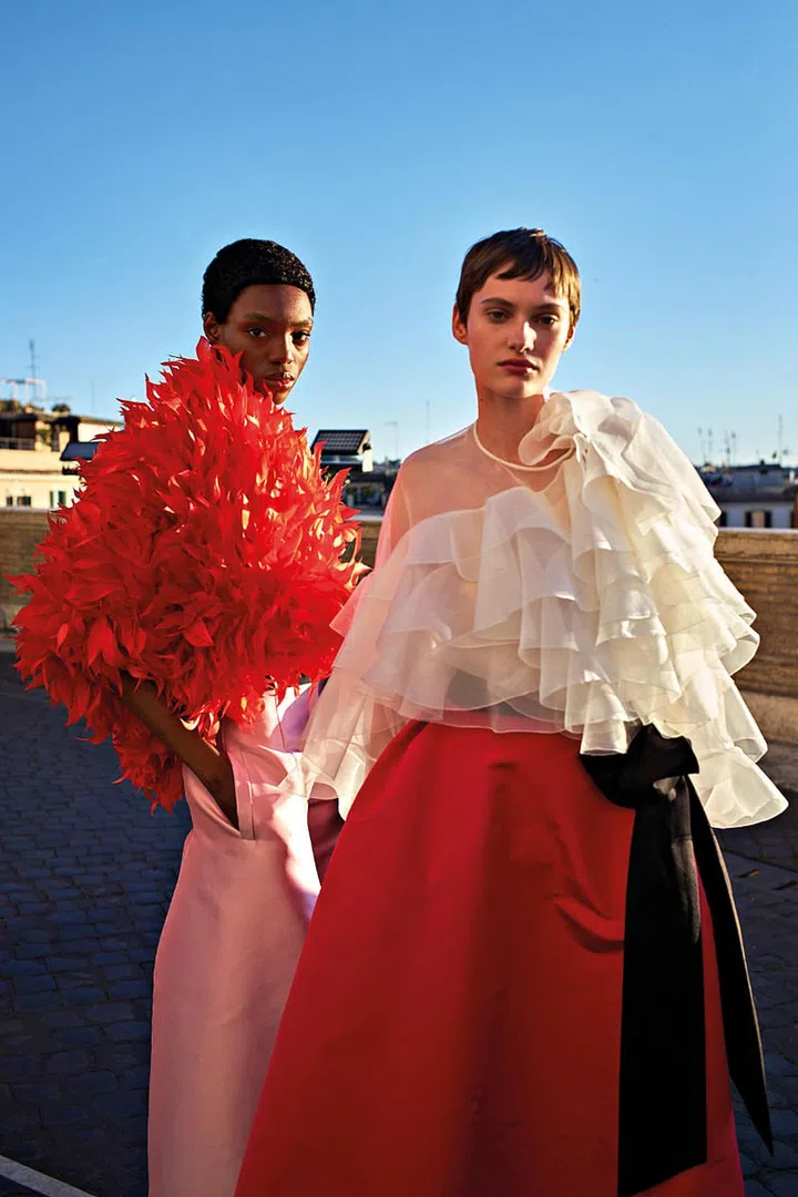 Ruffles, feathers and sheer layers are dramatically layered