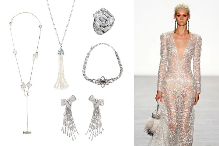Clockwise from left: Atelier Swarovski Spring 2017 Nile crystal necklace, available at the Swarovski boutique at Marina Bay Sands. Paloma Picasso pearl and sterling silver necklace, Tiffany &amp; Co. Cartier Magicien white gold diamond ring. Dannijo silver-plated choker with Swarovski crystals, from www.net-a-porter.com. Damiani Masterpiece Fiocco white gold diamond earrings.