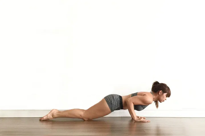 The Chaturanga is one of the most fundamental movements in Yoga. It is a pushup with elbows grazing the sides of the ribs held at 90 degrees. Practitioners looking to build strength can start off by placing their knees on the mat and having their body kept in a plank position, whereas Intermediate to Advanced practitioners can experiment with knees off the mat and lengthening their time in Chaturanga by a few more breaths.