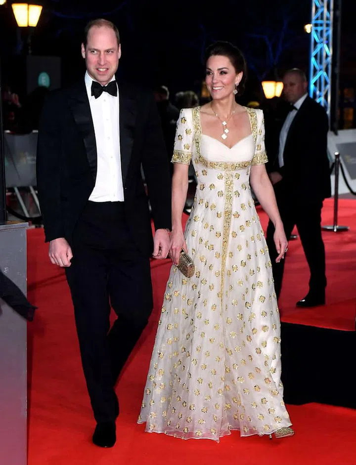 For the 2020 EE BAFTAs, Kate Middleton hit the red carpet with Prince William in an Alexander McQueen gown accessorised with a Van Cleef & Arpels pearl necklace and matching earrings, a clutch from Anya Hindmarch, and Jimmy Choo sparkly pumps.