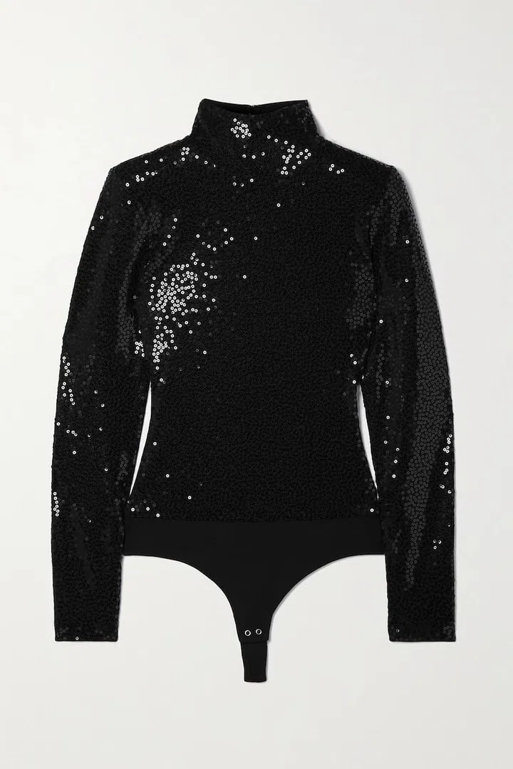 Sequinned Crepe Turtleneck Thong Bodysuit, $2,719, Michael Kors Collection at Net-a-Porter