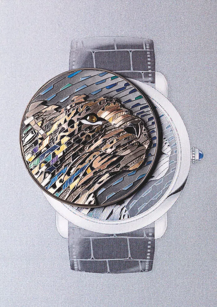 The actual dial of Cartier’s Ronde Louis Cartier Straw and Gold Marquetry watch against its life-size illustration. (Photo: Cartier)
