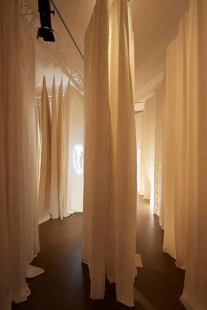 A maze of fabrics guide visitors into Chanel's world of savoir faire. Photo: Chanel