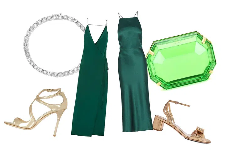 Clockwise from top left: white gold diamond bracelet, $23270, Tiffany & Co. at Net a Porter; silk wrap gown, $4029, Juan Carlos Obando at Net a Porter; satin floor-length dress, $2412, Jason Wu at MyTheresa; box clutch, $1565, Charlotte Olympia at MyTheresa; metallic textured-leather sandals, $1003, Miu Miu at Net a Porter; metallic leather sandals, $887, Jimmy Choo at Net a Porter.
