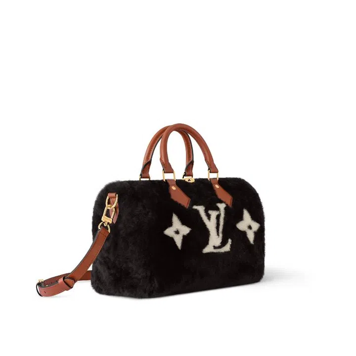 Black Louis Vuitton Bandouliere 25 Neverfull shearling fur bag winter ski essentials