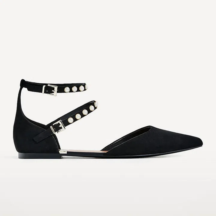 Team Zara's pearl flats with tweed trousers. 