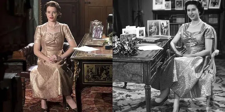 This delightful scene from Season 2 is a recreation of the Queen's first televised Christmas speech. We love the attention to detail —down to the sheet of paper peeping off her desk.