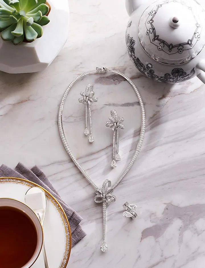 From top: GRAFF Inspired by Twombly Collection multi-shaped diamond necklace (20.45 carats); multi-shaped diamond earrings (11.02 carats); GRAFF Toi et Moi multi-shaped ring (7.46 carats).