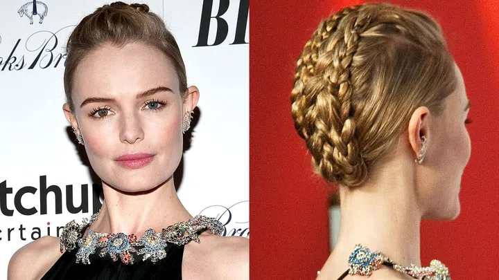 From the front, Bosworth's simple, swept-back hairstyle lets her bejewelled collar take centre stage. But from the back, the jewels get some competition from an equally-as-intricate braided updo.