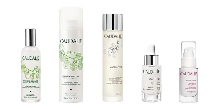 From left: Beauty Elixir, Grape Water, Vinoperfect Concentrated Brightening Essence, Vinoperfect Radiance Serum, Vinosource SOS Serum. Photo: Caudalie