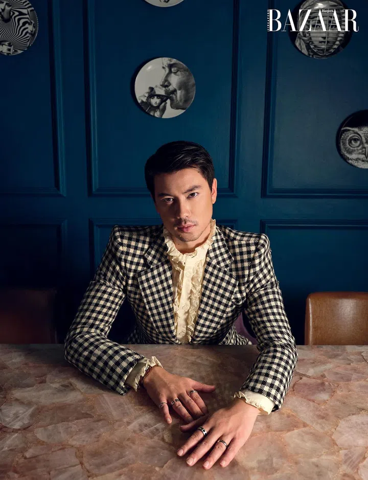 Blazer and top, both from Gucci. Bracelet; rings (worn throughout), Edward Russell’s own. All clothes and accessories worn throughout the shoot are by Gucci, unless stated otherwise. (Photo: Wee Khim)