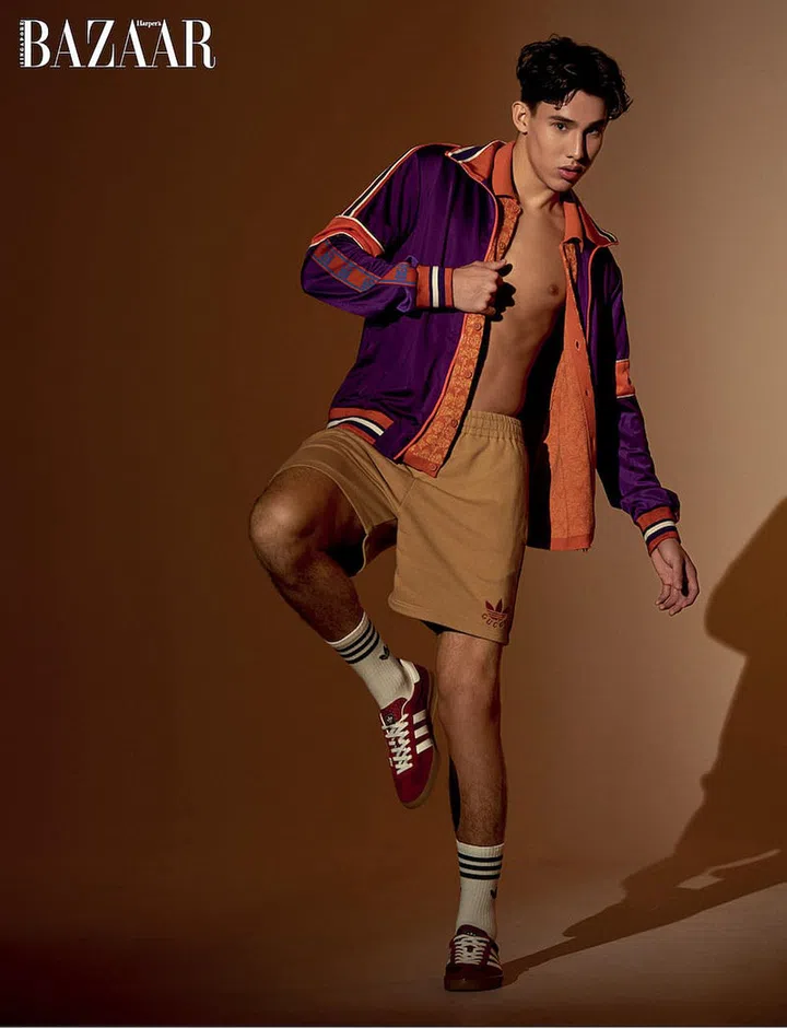 Mahler wears jacket, from Dolce&Gabbana; shirt, from Coach; shorts and sneakers, both from adidas x Gucci. Socks, stylist’s own. (Photo:  Phyllicia Wang)