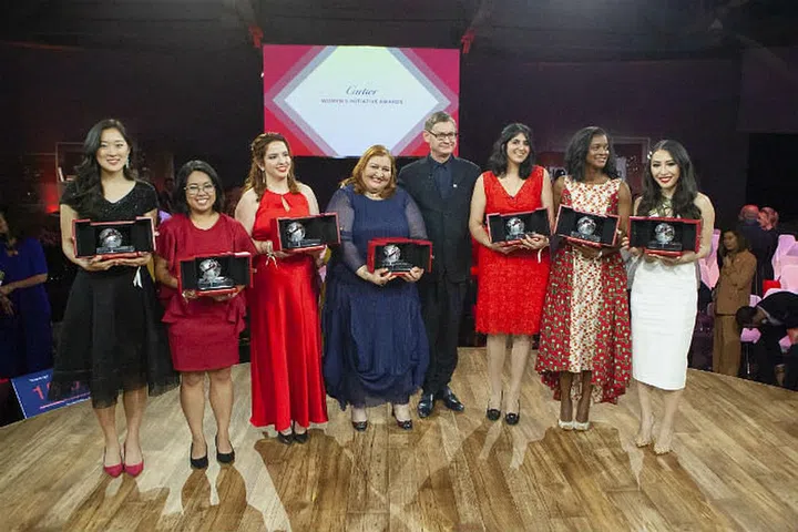 The seven 2019 CWIA laureates with Cyrille Vigneron, Cartier CEO, during the awards ceremony held in San Francisco in May<br />Photo: Courtesy