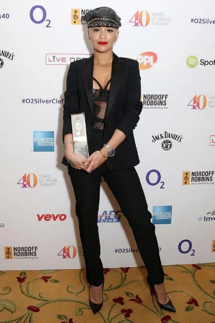 Rita Ora used a chainmail topper to bring some edge to her sexy suiting.