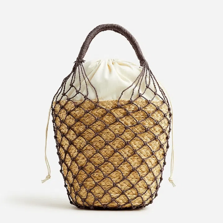 J.Crew Raffia Bucket Bag With Netting Overlay