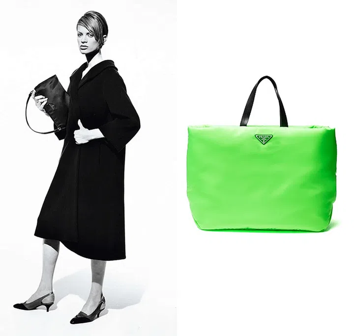 Now firmly established as the house's signature fabric, there was no escaping Prada's nylon bags in the '80s and '90s (see: Prada's FW95 campaign, featuring Kristen McMenamy shot by Peter Lindbergh, on the left). The past year has seen the revival of the fabric, in the form of backpacks, bum bags and more. For fall/winter, it has been reworked into neon shades, in the form of tote bags, clutches and crossbody bags. 
