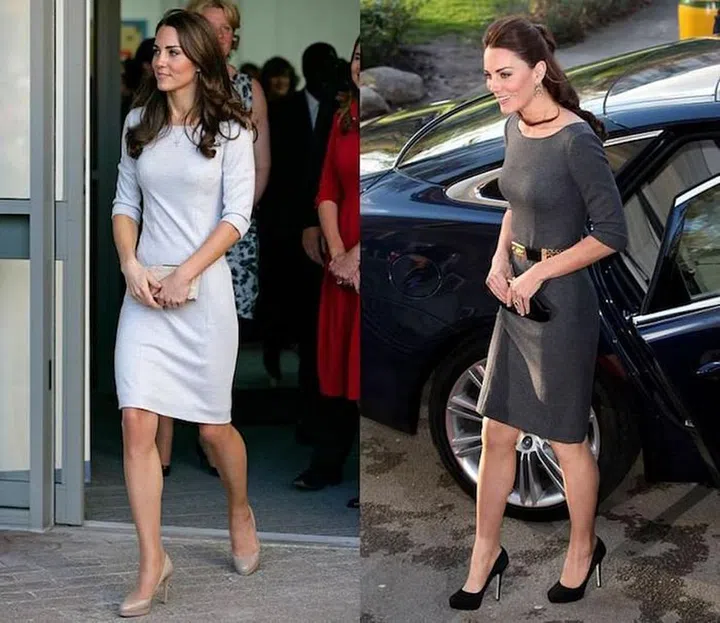 The Duchess wore this Amanda Wakeley dress in both light grey and gunmetal. Photo: Getty 