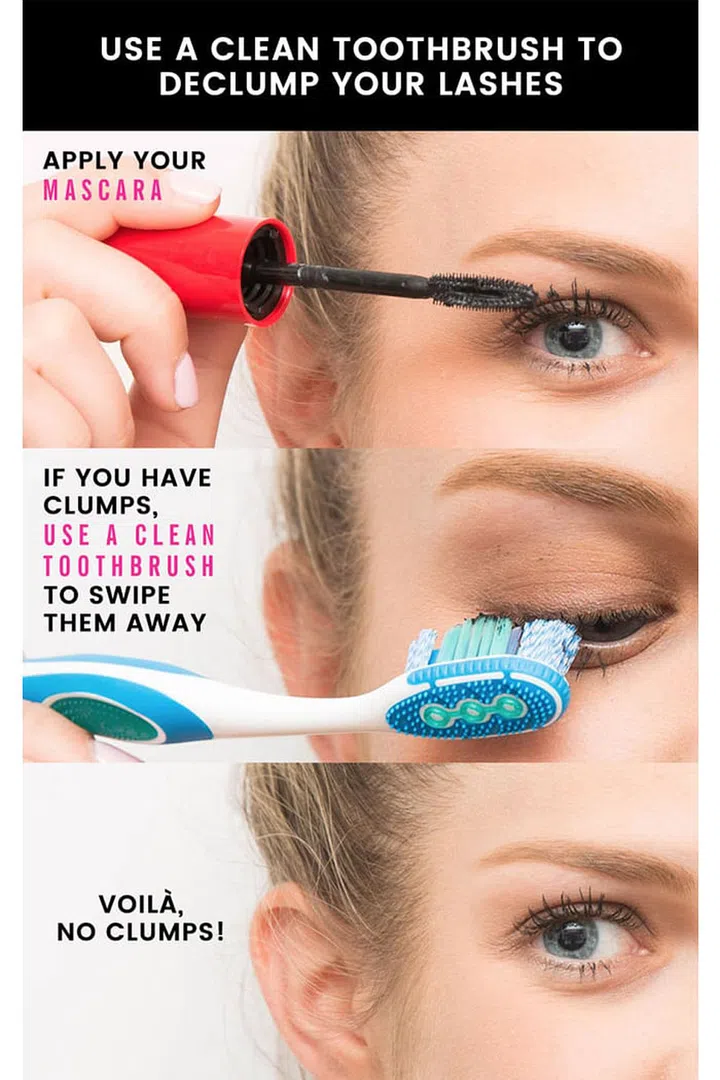8. Designate a clean toothbrush to declump your mascara. In a hurry, you might not be able to apply your mascara with precision. If your lashes end up looking clumpy, take a clean toothbrush and swipe it over your lashes to comb them smooth. Danielle used NYC New York Color Big Bold Full Impact Mascara here.