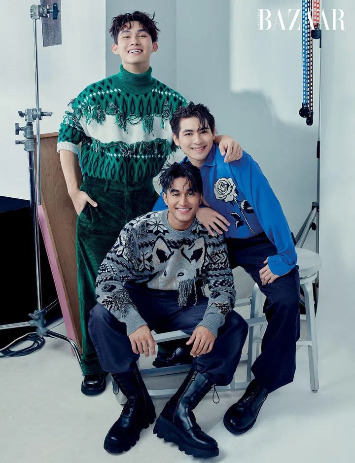From left: (On David Matthew) Coat, Kenzo. Trousers; boots, Moncler. Necklace, stylist’s own. (On Raynold Tan) Shirt; trousers, Kenzo. Boots, Salvatore Ferragamo. (On David Eung Hao) Jacket; trousers; boots, Kenzo.