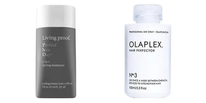 From left: Living Proof Perfect Hair Day 5-in-1 Styling Treatment, Olaplex Hair Perfector. Photo: Courtesy of brands