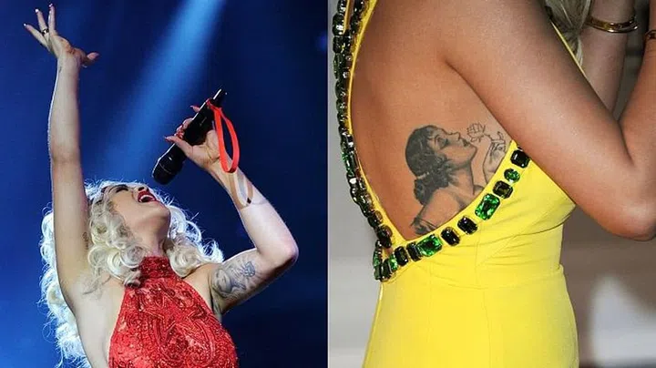 Ora is covered in tattoos, from an Alberto Vargas-inspired pin-up girl on her left ribcage to a portrait of Aphrodite, the goddess of love, holding Ora's heart on her left bicep. The singer also has wings on her ankle, a Sagittarius sign behind her left ear and "love me" on her right wrist, among others.