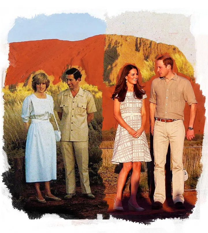 Diana and Charles at Ayers Rock in Australia in 1983; Kate and William at Ayers Rock in 2014.