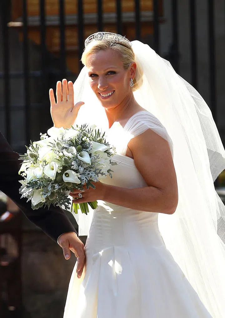 Zara wore a Greek key-patterned tiara. The diadem, which is in Princess Anne's collection and is one of her favorites, once belonged to Prince Philip's mother, Princess Andrew of Greece. It's often called Princess Andrew's Meander Tiara.