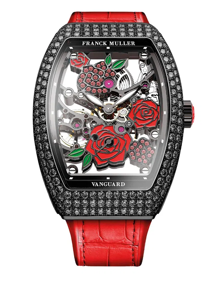 Black PVD-coated white gold and black diamond Vanguard Rose Skeleton Black Diamonds watch, $65,500 (Photo: Franck Muller)
