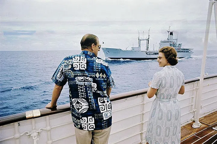The Queen and the Duke on board the HMY Britannia.