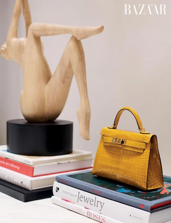 A exotic skin Hermès Kelly on top of coffee table books that Harrison draws inspiration from.