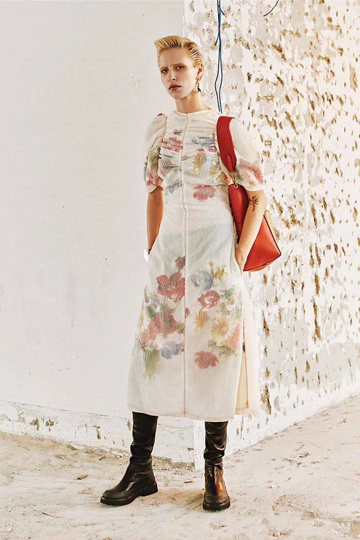 Flower Painted Polyester dress; Dinosaur earring; Cinnamon Soft Grained Calfskin Sangle bag; Silver Petal cuff; Stretched Nappa Thigh High Country boots, Céline 