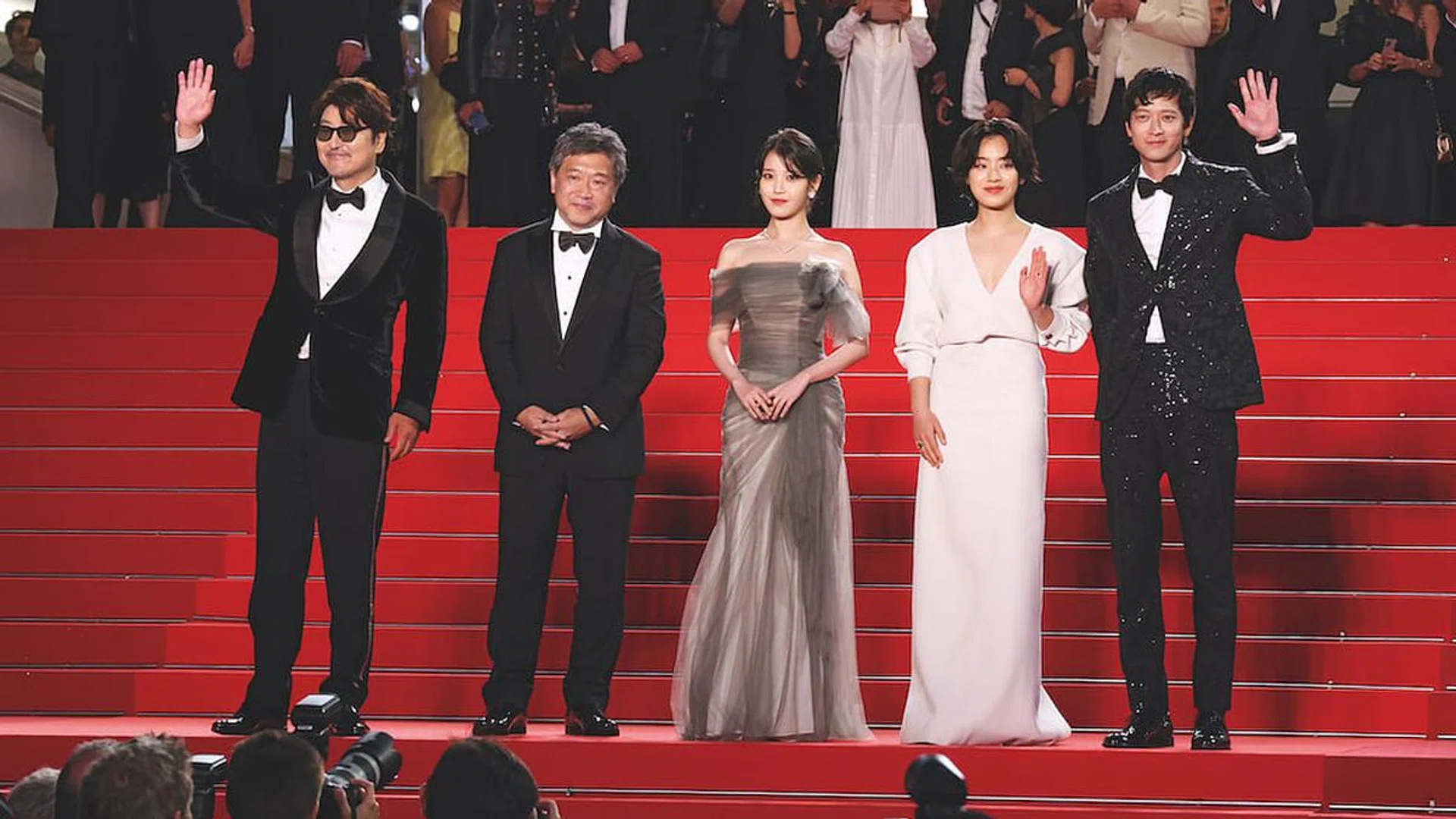 Hirokazu Kore-eda (second from left), director of South Korean film Broker, with cast members (from left) Song Kang-ho, IU, Lee Joo-young and Gang Dong-won on the Cannes Film Festival. (Photo: TPG Images)