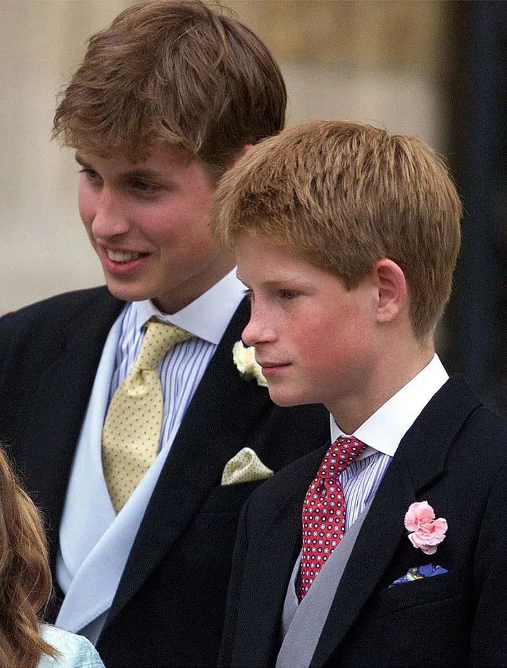 Prince William, 16, Prince Harry, 14, at St. George's Chapel, Windsor, for the wedding of Prince Edward, Earl of Wessex, and Sophie, Countess of Wessex. The ceremony took place two days before Prince William's 17th birthday.