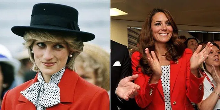 The Princess of Wales paired a pussy-bow blouse in a polka dot print with a red blazer while on a tour of Canada in 1983; The Duchess of Cambridge wore a nearly identical red blazer from Zara over a black and white blouse at the London Olympics in 2012. 

Photo Getty. 