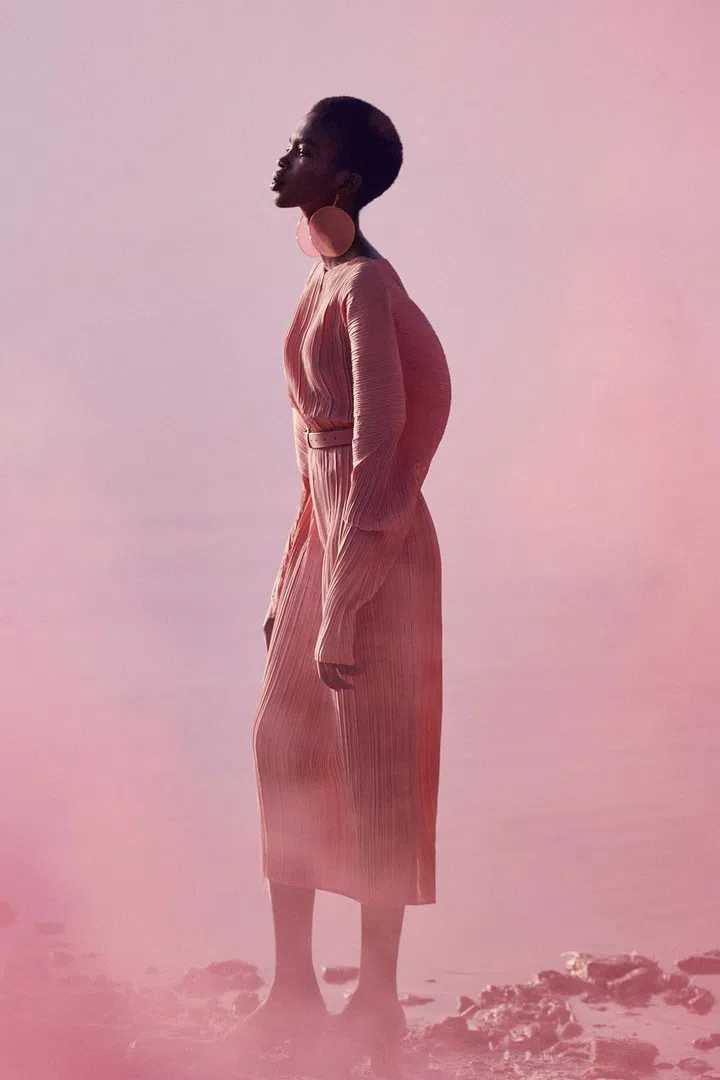 Dress, belt, Jil Sander; earrings, shoes, Missoni