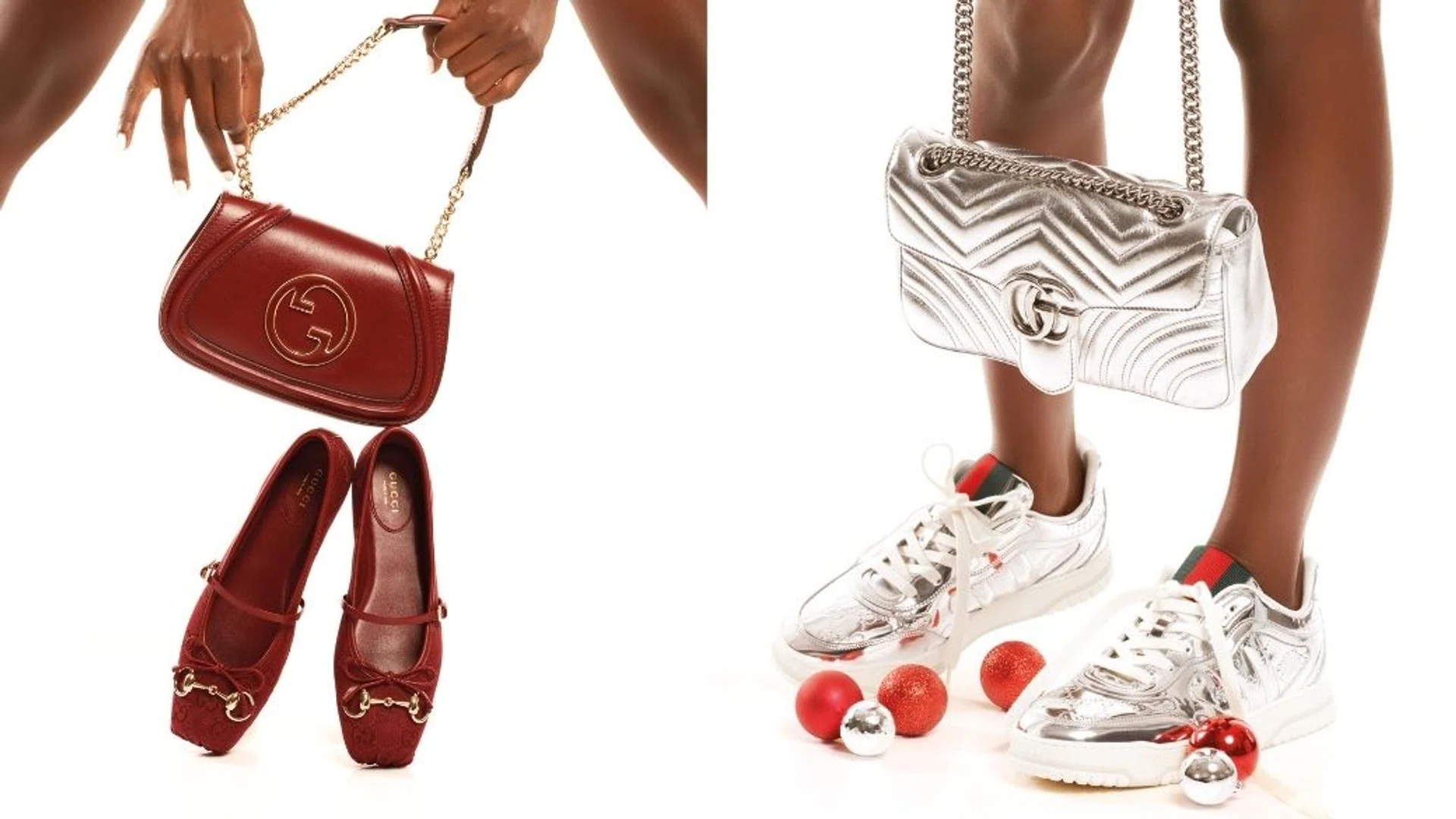 Gucci Ancora red Blondie small shoulder bag and Horsebit ballet flats shot together with metallic silver GG Marmont bag and Re-Web sneakers.