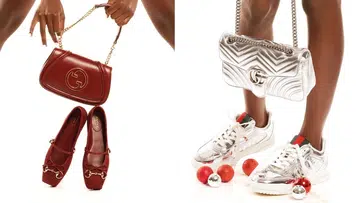 Gucci Ancora red Blondie small shoulder bag and Horsebit ballet flats shot together with metallic silver GG Marmont bag and Re-Web sneakers.