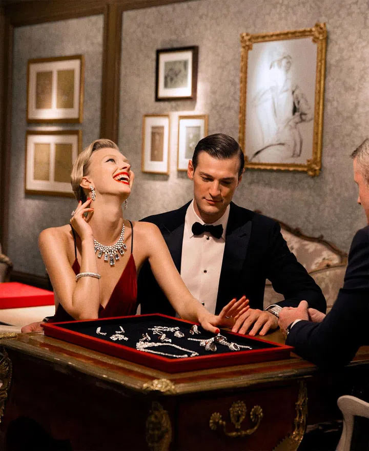 Ralph Lauren Collection dress, $4,790, ralphlauren.com; Cartier jewelry (on tray), prices upon request, 800-CARTIER; Giorgio Armani tuxedo, $3,695, shirt, $825, and bow tie, $225, armani.com; Cartier cuff links, $15,600, stud sets, prices upon request, and watch, $9,950, 800-CARTIER; Church's shoes, $615, church-footwear.com.