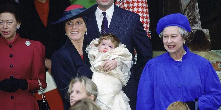 The Queen stands alongside Duchess Sarah at Princess Eugenie's christening. Photo: Getty