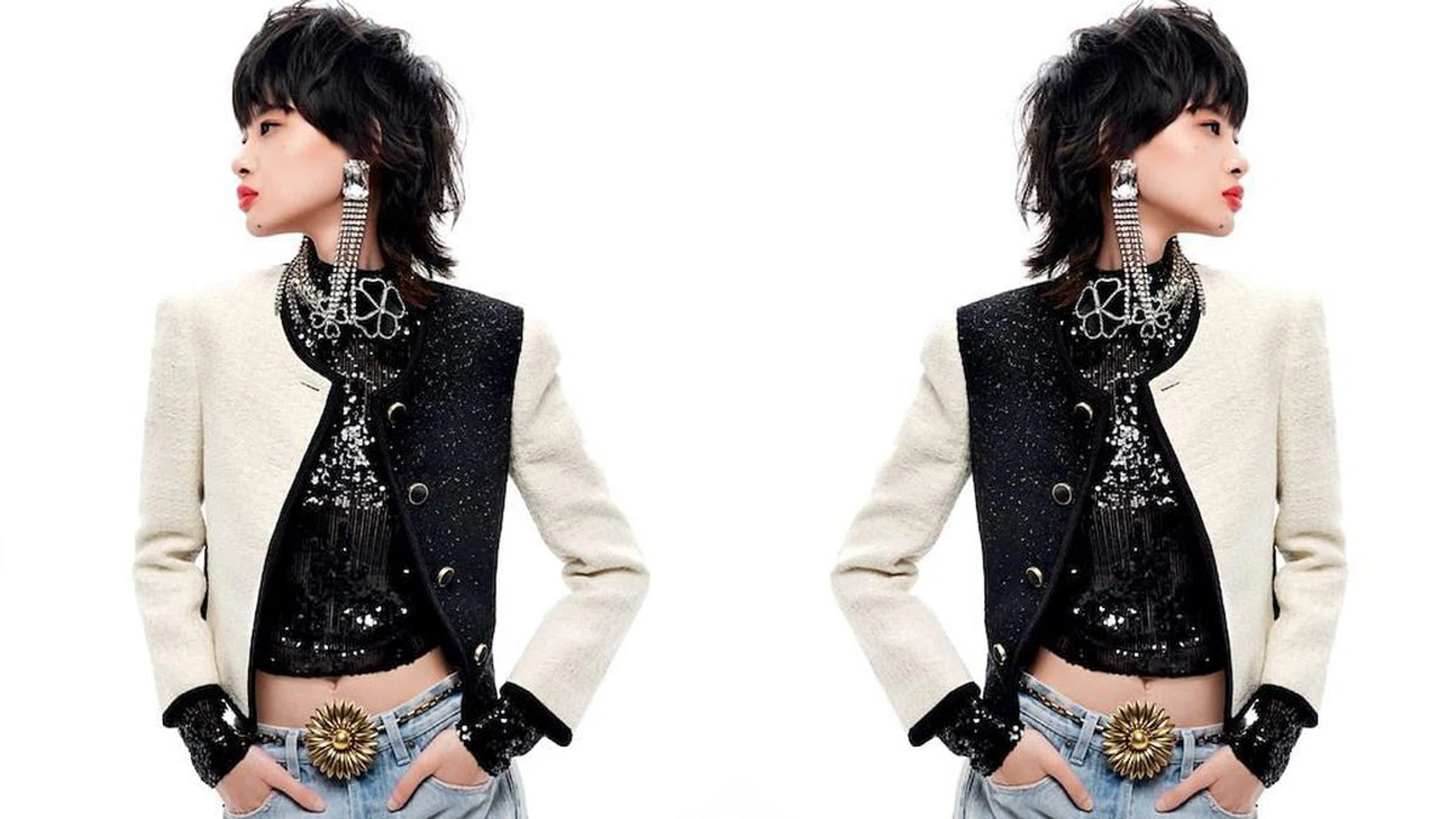 Jacket; top; jeans; earrings; necklace; belt, all by Saint Laurent. (Photo: Wee Khim)