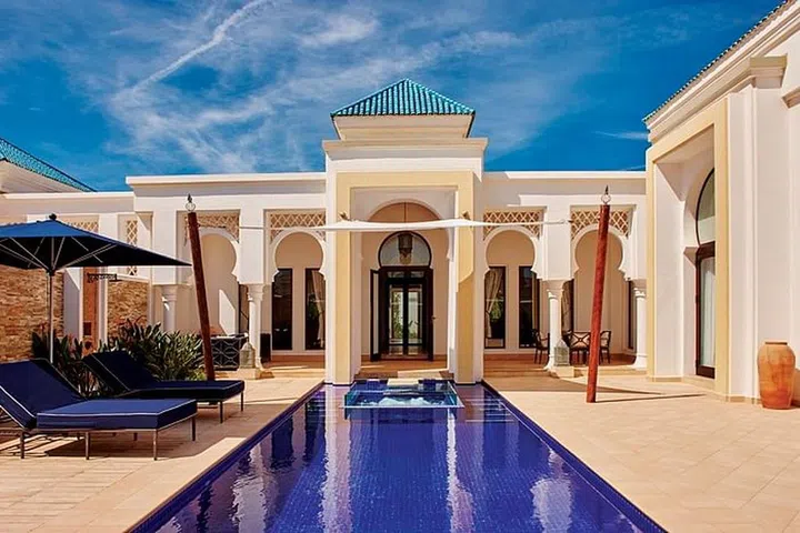 Majorelle blue tiles line the bottom of the pools at Banyan Tree Tamouda Bay