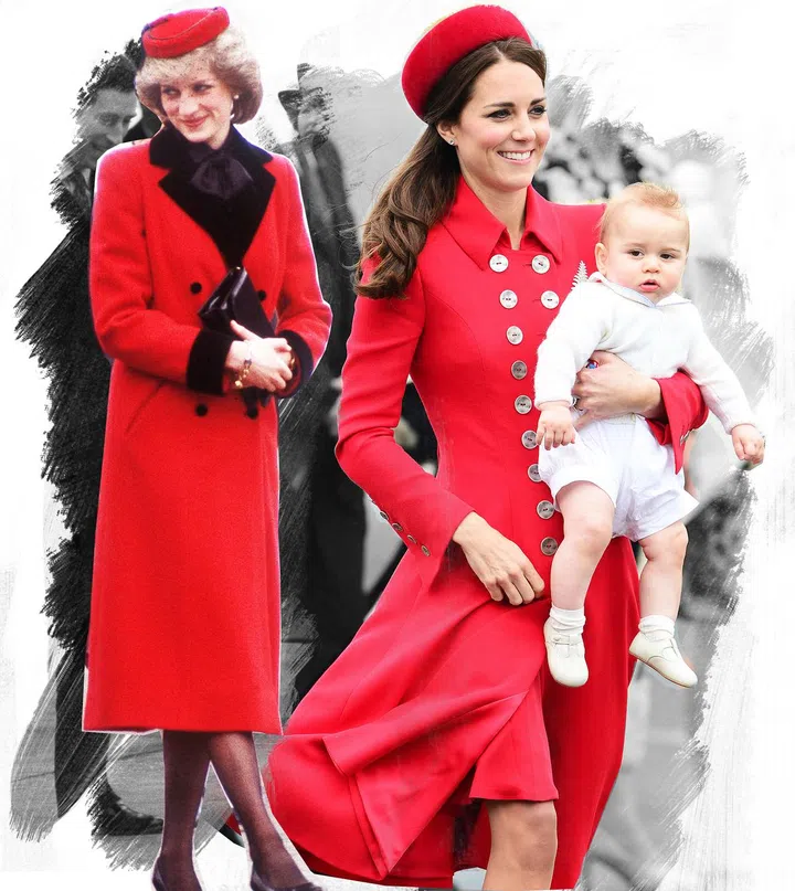 Diana arrives at Birmingham Airport in Catherine Walker, 1984; Kate and Prince George arrive at Wellington Airport in New Zealand for the beginning of the Royal Tour of Australia and New Zealand, 2014.