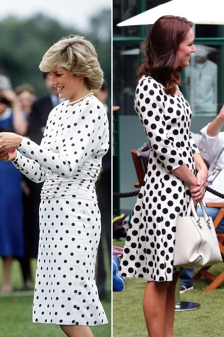 Diana in a black and white polka dot dress by Victor Edelstein at a polo match in 1987; 
Kate in a similar print by Dolce & Gabbana at Wimbledon in 2017. 

Photo Getty