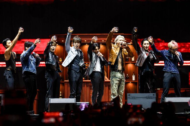 INDIO, CALIFORNIA - APRIL 19: (FOR EDITORIAL USE ONLY) (L-R) San, Choi Jong-ho, Kang Yeo-sang, Jeong Yun-ho, Wooyoung, Song Min-gi, Seonghwa, and Song Min-gi of ATEEZ perform at the Sahara Tent during the 2024 Coachella Valley Music and Arts Festival at Empire Polo Club on April 19, 2024 in Indio, California. (Photo by Frazer Harrison/Getty Images for Coachella)