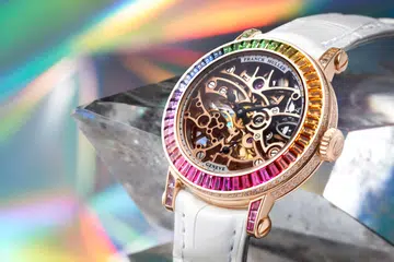 franck Muller round skeleton baguette watch 31mm rainbow sapphire bezel