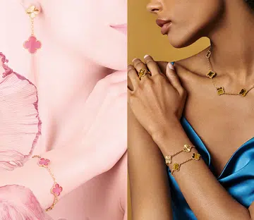 van cleef arpels alhambra | models wearing vintage alhambra yellow gold pink enamel bracelet tiger’s eye blue dress