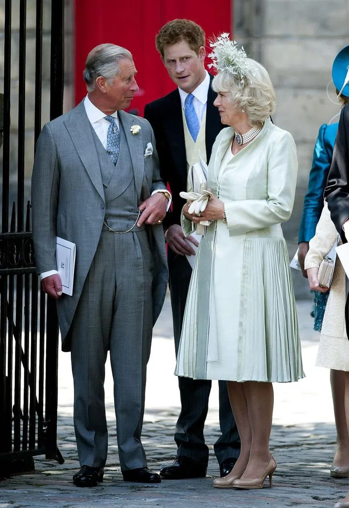 Camilla, Duchess of Cornwall, Prince Charles, and Prince Harry after Harry's cousin Zara Phillips's wedding to Mike Tindall.