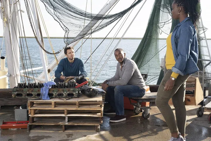 left to right: Sebastian Stan (as Bucky Barnes), Anthony Mackie (as Sam Wilson) and Adepero Oduye (as Sarah Wilson). Photo by Chuck Zlotnick.