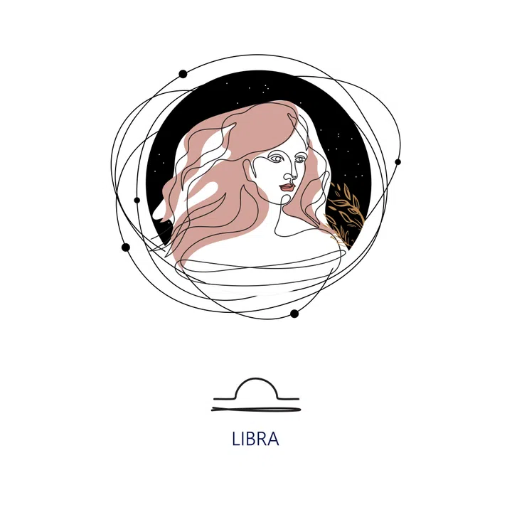 Zodiac sign Libra. The symbol of the astrological horoscope. Vector illustration. Portrait of a girl. Continuous line